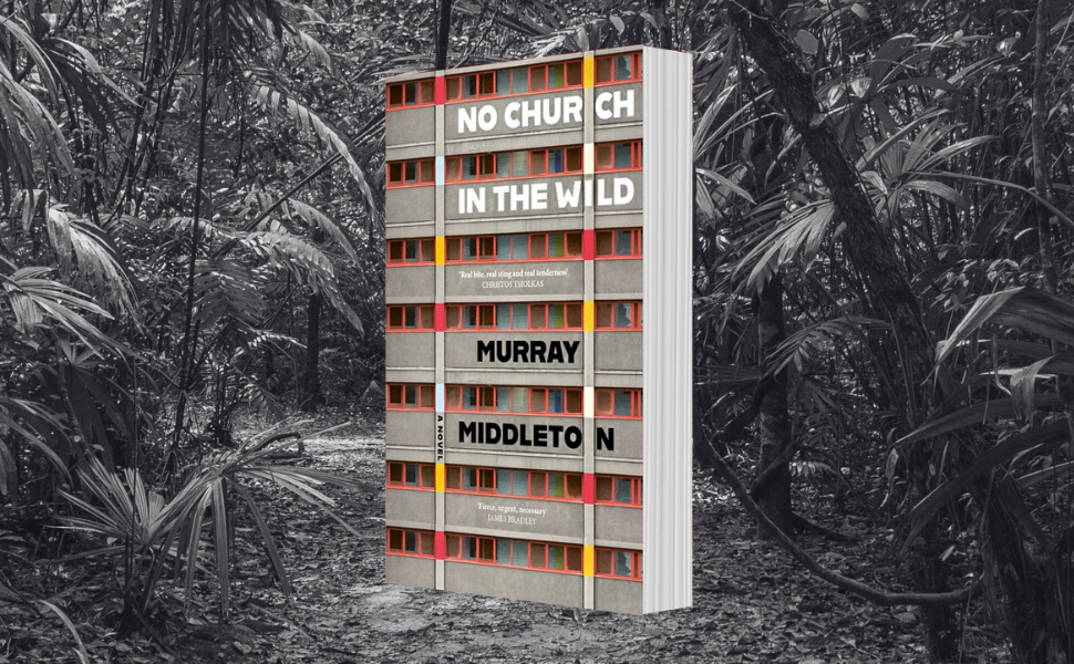 A 3D book is in the foreground, with a black and white image of a dense jungle behind. The book is title 'No Church in the Wild' by Murray Middleton